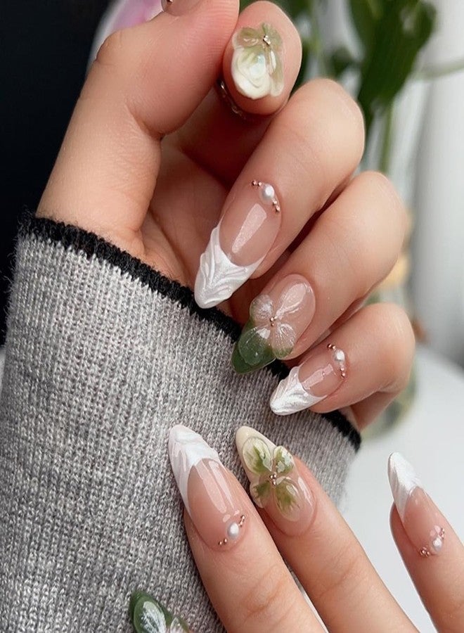 CTTHNBD White French Tip Press on Nails White Medium Almond Fake Nails Green Flower False Nails with 3D Ripple Design Glue on Nails Pearl Full Cover Stick on Nails Ombre Acrylic Nails for Women Manicure 24Pcs - Image 1